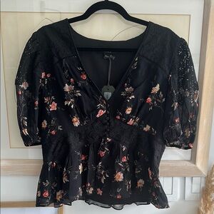 All Saints Black Peplum Blouse with Puff Sleeves